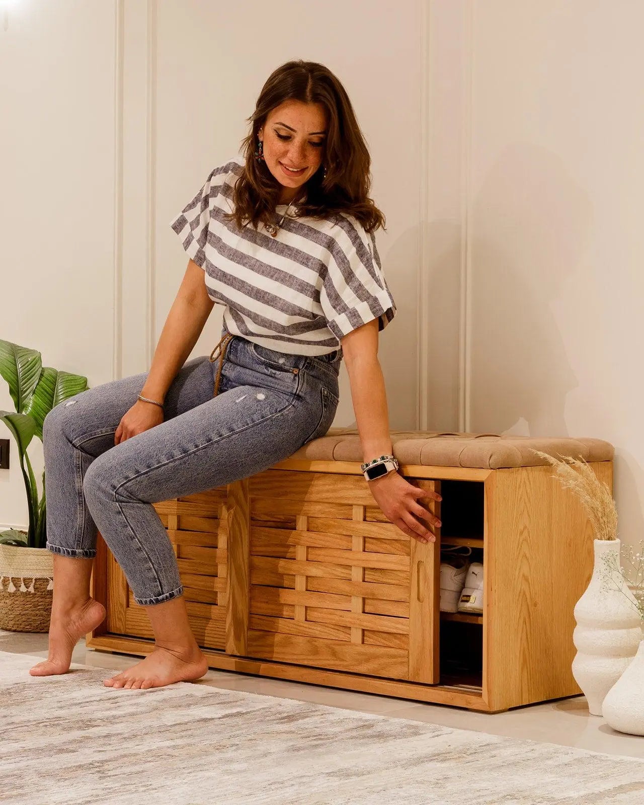 Oak Sliding Shoe Storage Bench Wasilaah ME