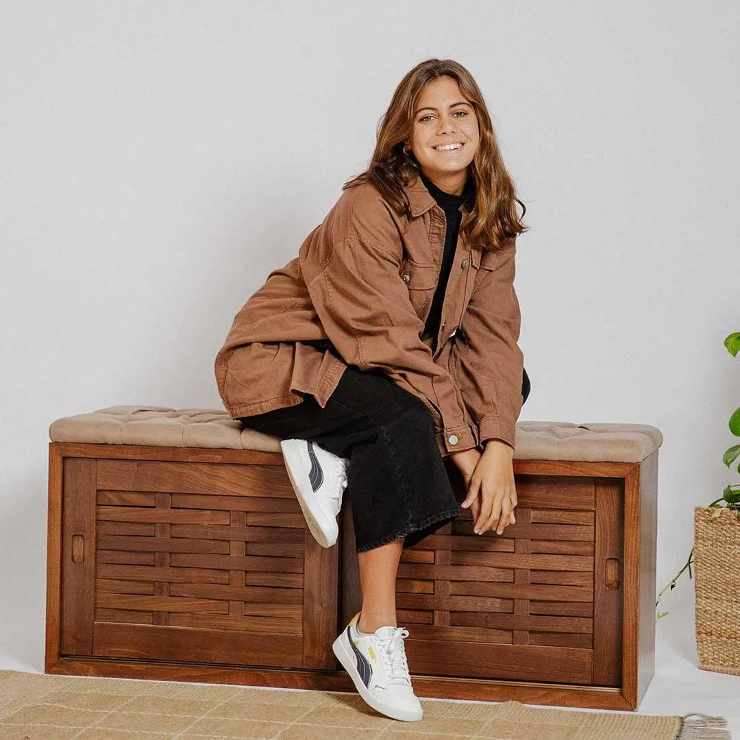 Walnut Sliding Shoe Storage Bench Wasilaah ME