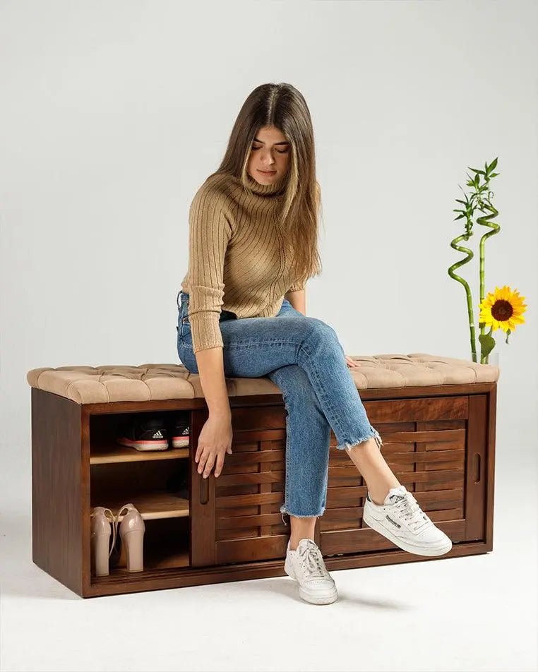 Walnut Sliding Shoe Storage Bench Wasilaah ME